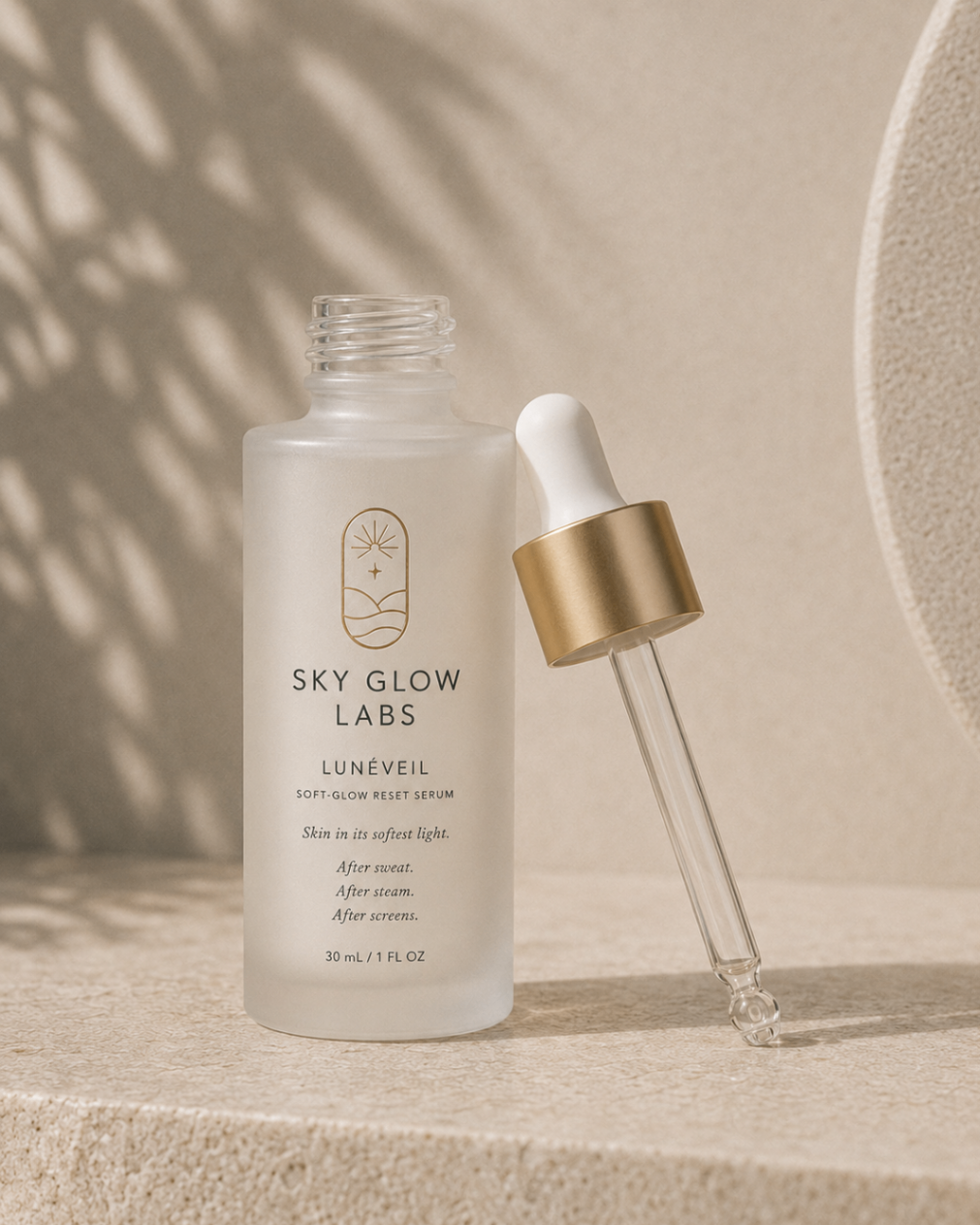 Lunéveil crystal clear champagne serum on glass dropper